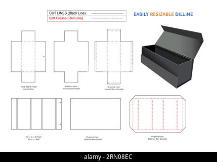 Boîtes rigides pliables et boîte rigide pliable personnalisée et modèle de ligne de découpe avec fichier vectoriel 3D. Illustration de Vecteur