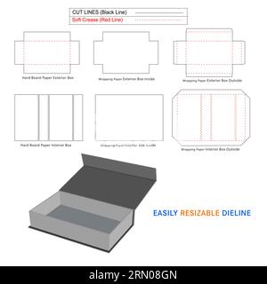 Boîte rigide personnalisée, modèle de ligne de découpe Magnetic Rigid Luxury Boxes et boîte 3D. Illustration de Vecteur