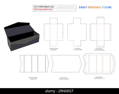 Boîtes rigides pliables et boîte rigide pliable personnalisée et modèle de ligne de découpe avec fichier vectoriel 3D. Illustration de Vecteur