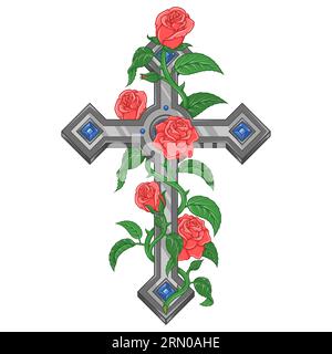 Vector design de croix chrétienne entourée de roses, symbole de la religion catholique, croix chrétienne avec des diamants et des pétales Illustration de Vecteur
