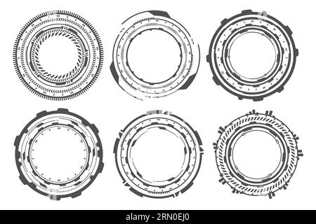 Cercles techniques HUD pour la conception de jeux de technologie numérique. Éléments graphiques pour la cyber-interface. Cadres d'interface utilisateur ronds. Icônes abstraites vectorielles circulaires. Illustration de Vecteur