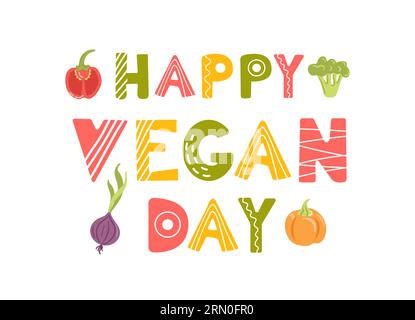 Bonne journée végétalienne. Bannière dans le style de dessin animé. Légumes frais de saison, récolte. Poivre et brocoli, oignon et citrouille. Veganuary. style plat. Lettre Illustration de Vecteur