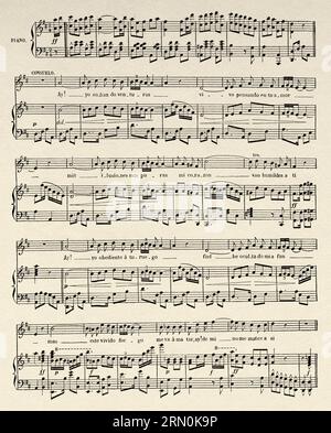 Partitions de musique. Habanera prise de 'Viaje redondo', zarzuela. Mots de D Redino Escalera et Frederico Casademunt, musique d'Ignacio Massaguer. Île des Philippines. Indonésie. Voyage aux Philippines et en Malaisie par M. J. Montano 1879-1881. Ancienne gravure du 19th siècle du Tour du monde 1906 Banque D'Images