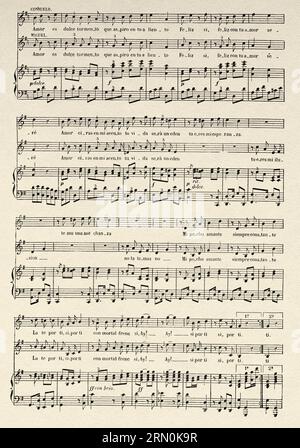 Partitions de musique. Habanera prise de 'Viaje redondo', zarzuela. Mots de D Redino Escalera et Frederico Casademunt, musique d'Ignacio Massaguer. Île des Philippines. Indonésie. Voyage aux Philippines et en Malaisie par M. J. Montano 1879-1881. Ancienne gravure du 19th siècle du Tour du monde 1906 Banque D'Images