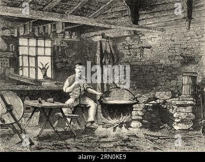 Intérieur d'une Fromagerie française traditionnelle, Metzeral, Alsace-Lorraine, France, Europe. En Alsace et Lorraine par Charles Grad 1884. Ancienne gravure du 19th siècle du Tour du monde 1906 Banque D'Images