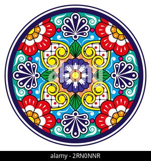 Design de mandala vectoriel de style de plaque Talavera mexicain, fond décoratif inspiré par des dessins traditionnels du Mexique en cercle Illustration de Vecteur