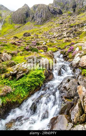 Cascade le long du sentier vers le sommet Glyder Fawr, CWM Idwal, Snowdonia National Park, pays de Galles, Royaume-Uni Banque D'Images