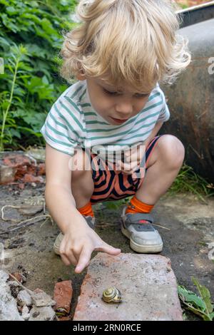 Un petit garçon a découvert un escargot avec une coquille dans le jardin Banque D'Images