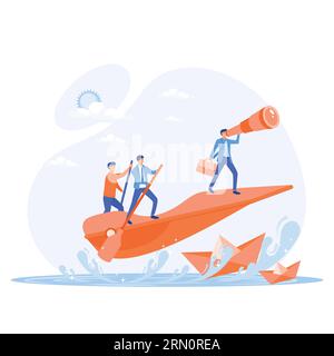 Leadership et concept de travail d'équipe, homme d'affaires Chef regardant à travers un télescope par deux gens d'affaires se tient derrière lui, vecteur plat illustrat moderne Illustration de Vecteur