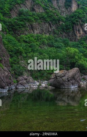 Embrassez la beauté sereine d'une rivière ornée d'arbres verts imposants et d'un ciel bleu doux et nuageux, une scène de tranquillité de la nature. Banque D'Images