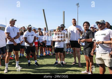 Lumio, France. 30 août 2023. Afrique du Sud joueur lors de la séance d'entraînement de l'équipe à Lumio, en Corse, sur l'île méditerranéenne française de Corse le 30 août 2023, avant la coupe du monde de rugby 2023 en France. Les champions du monde sud-africains de rugby poursuivent leur préparation en Corse, eux qui font de la Corse un pays hôte pour cette préparation à la coupe du monde. La Ligue Corse de Rugby avait prévu que les fans de ce sport se retrouvent à Lumio pour assister à l’entraînement des Springboks. Photo de Shootpix/ABACAPRESS.COM crédit : Abaca Press/Alamy Live News Banque D'Images