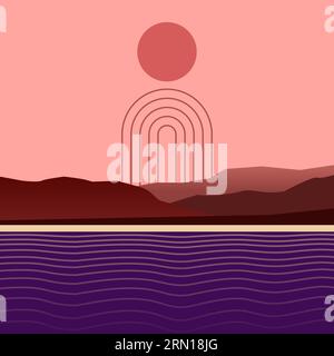 Coucher de soleil sur les collines et le lac. Art mural Bauhaus abstrait rétro Décoration minimale du milieu du siècle. années 60, années 70 rayures géométriques abstraites. Soleil violet océan Illustration de Vecteur