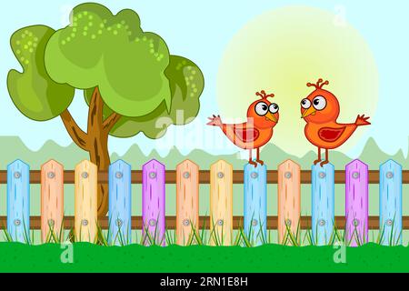 Oiseaux assis sur la clôture de jardin. Village, clôture en planches et deux nichoirs rouges. Fond de campagne dans le style de dessin animé.paysage rural.illustration vectorielle Illustration de Vecteur