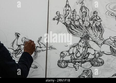 (141225) -- VARANASI, 24 décembre 2014 -- l'artiste indien Abhishek Singh présente sa peinture à Varanasi, Uttar Pradesh en Inde, le 24 décembre 2014. L'artiste indien Abhishek Singh a exposé certaines de ses œuvres à Varanasi mercredi. Sa représentation des histoires mythologiques traditionnelles indiennes est une intersection de la société ancienne et moderne.) (Lmz) INDIA-VARANASI-ART EXHIBITION ZhengxHuansong PUBLICATIONxNOTxINxCHN Varanasi DEC 24 2014 l'artiste indien Abhishek Singh montre sa peinture à Varanasi Uttar Pradesh de l'Inde DEC 24 2014 l'artiste indien Abhishek Singh a exposé quelques-uns de ses Artwo Banque D'Images