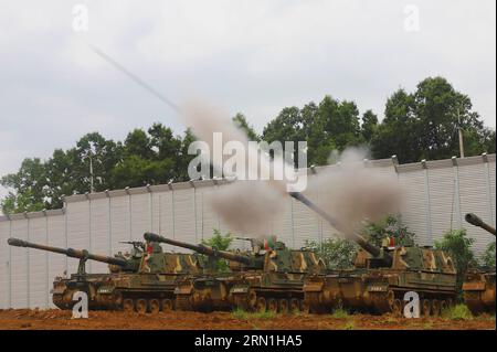 Séoul, Corée du Sud. 31 août 2023. 31 août 2023-Cheolwon, Corée du Sud-Corée des chars de l'armée de terre prennent part à un exercice de tir en direct au champ de tir militaire à Cheolwon, Corée du Sud. La Corée du Sud a organisé un exercice militaire à grande échelle cette semaine, mobilisant des centaines de véhicules blindés, pour renforcer sa préparation contre les menaces militaires nord-coréennes, ont déclaré jeudi des responsables. (Image de crédit : © Ministère de la Défense de la Corée du Sud via ZUMA Press Wire) USAGE ÉDITORIAL SEULEMENT! Non destiné à UN USAGE commercial ! Banque D'Images