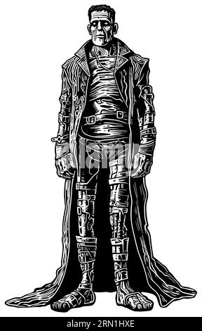 Illustration de style gravure sur bois du monstre Frankenstein isolé sur fond blanc. Illustration de Vecteur