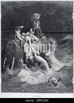 Le Déluge, une gravure sur bois de Gustave doré, tirée de sa version illustrée de 1866 de la Bible du roi Jacques, publiée pour la première fois en France sous le titre la Grande Bible de Tours. L'illustration montre des gens et des animaux qui tentent de survivre au déluge décrit dans le Livre de la Genèse, envoyé par Dieu comme punition pour la méchanceté de l'humanité Banque D'Images