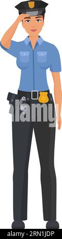 Policier debout en uniforme de travail. Officier de police féminin dans l'illustration vectorielle de dessin animé de vêtements bleus Illustration de Vecteur