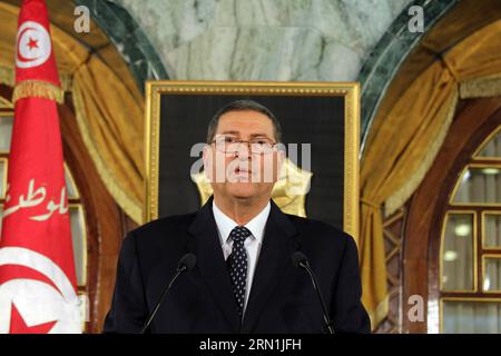 (150105) -- TUNIS, 5 janvier 2015 -- Habib ESSID, Premier ministre tunisien désigné, prend la parole lors d'une conférence de presse à Tunisia City, Tunisie, le 5 janvier 2015. L’ex-ministre de l’intérieur Habib ESSID, qui vient d’être nommé Premier ministre tunisien, est invité à former un nouveau gouvernement au cours du mois prochain. Adel) Adel) TUNISIE-DÉSIGNATION PM-HABIB ESSID ChenxBinjie PUBLICATIONxNOTxINxCHN Tunis ville Jan 5 2015 les premiers ministres tunisiens désignés Habib ESSID prennent la parole lors d'une conférence de presse à Tunisie Tunisie Tunisie Tunisie Jan 5 2015 les ex ministres de l'intérieur Habib ESSID qui vient d'être nommé Banque D'Images