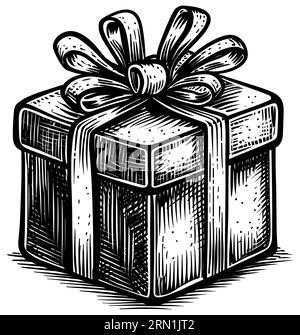 Illustration de style Linocut de boîte cadeau isolée sur fond blanc. Illustration de Vecteur