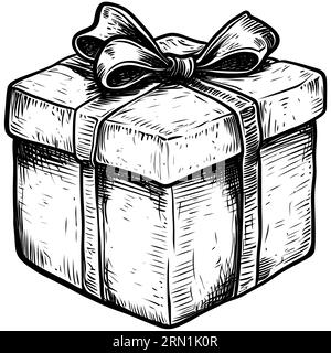Illustration de style Linocut de boîte cadeau isolée sur fond blanc. Illustration de Vecteur