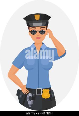 Femme de police souriante en posture debout. Officier de police sérieux dans l'illustration vectorielle de dessin animé uniforme de travail Illustration de Vecteur