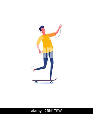 Homme souriant de dessin animé chevauchant sur skateboard et écoutant de la musique Illustration de Vecteur