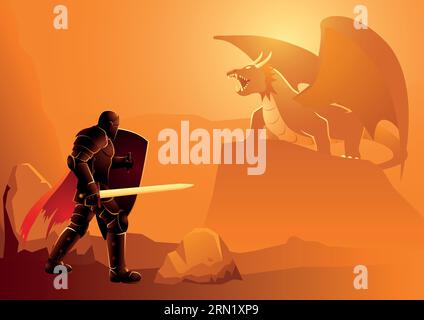Illustration vectorielle d'un chevalier prêt à combattre dragon dans son repaire Illustration de Vecteur
