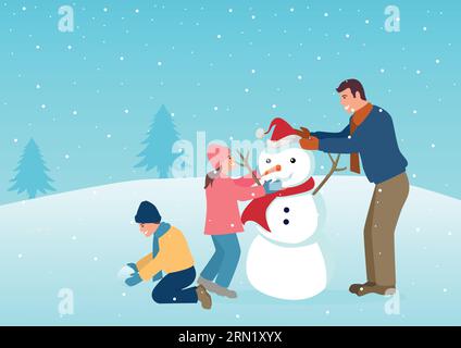 Illustration vectorielle simple d'un père jouant avec ses enfants en hiver Illustration de Vecteur