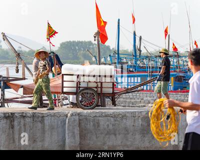 Ice blocks being delivered to fishing boats in Hai Thanh, a fishing village in the Thanh Hoa province of Vietnam. The ice Banque D'Images