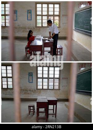 (150130) -- JINXI, 30 janvier 2015 -- la photo du haut prise le 19 mai 2014 montre Gong Weizhen, le seul élève de l'école primaire du village de Hougong, dans la classe de Zhen Zhengyin, le seul enseignant de l'école et la photo du bas prise le 27 janvier, 2015 montre une salle de classe vide de l'école, dans le comté de Jinxi, province de Jiangxi dans l'est de la Chine. Le nombre d ' élèves dans de nombreuses écoles primaires rurales, comme l ' école primaire du village de Hougong, a diminué car de plus en plus de familles rurales préfèrent les écoles en ville en raison de l ' urbanisation. (WYL) CHINE-JIANGXI-ÉCOLE PRIMAIRE-URBANISATION (CN) CHENXZIXI Banque D'Images