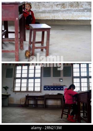 (150130) -- JINXI, 30 janvier 2015 -- la photo du haut prise le 19 mai 2014 montre Gong Weizhen, le seul élève de l'école primaire du village de Hougong et la photo du bas prise le 27 janvier 2015 montre Gong Yanzhi, l'autre élève après Gong Weizhen, dans le comté de Jinxi, dans la province du Jiangxi dans l'est de la Chine. Le nombre d ' élèves dans de nombreuses écoles primaires rurales, comme l ' école primaire du village de Hougong, a diminué car de plus en plus de familles rurales préfèrent les écoles en ville en raison de l ' urbanisation. (wyl) CHINA-JIANGXI-PRIMARY SCHOOL-URBANIZATION (CN) ChenxZixia PUBLICATIONxNOTxINxCHN Jinxi Jan 30 2015 Banque D'Images