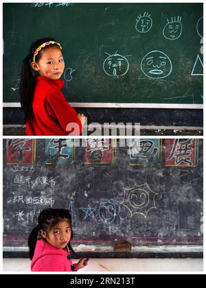 (150130) -- JINXI, 30 janvier 2015 -- la photo du haut prise le 19 mai 2014 montre Gong Weizhen, le seul élève de l'école primaire du village de Hougong et la photo du bas prise le 27 janvier 2015 montre Gong Yanzhi, l'autre élève après Gong Weizhen, dans le comté de Jinxi, dans la province du Jiangxi dans l'est de la Chine. Le nombre d ' élèves dans de nombreuses écoles primaires rurales, comme l ' école primaire du village de Hougong, a diminué car de plus en plus de familles rurales préfèrent les écoles en ville en raison de l ' urbanisation. (wyl) CHINA-JIANGXI-PRIMARY SCHOOL-URBANIZATION (CN) ChenxZixia PUBLICATIONxNOTxINxCHN Jinxi Jan 30 2015 Banque D'Images