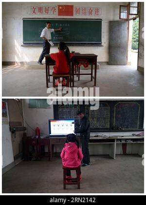 (150130) -- JINXI, 30 janvier 2015 -- la photo du haut prise le 19 mai 2014 montre Gong Weizhen, le seul élève de l'école primaire du village de Hougong et la photo du bas prise le 27 janvier 2015 montre Gong Yanzhi, l'autre élève après Gong Weizhen, tous deux à la classe de Zhen Zhengyin, le seul enseignant de l'école, dans le comté de Jinxi, province de Jiangxi dans l'est de la Chine. Le nombre d ' élèves dans de nombreuses écoles primaires rurales, comme l ' école primaire du village de Hougong, a diminué car de plus en plus de familles rurales préfèrent les écoles en ville en raison de l ' urbanisation. (WYL) CHINE-JIANGXI-ÉCOLE PRIMAIRE-URBAINE Banque D'Images