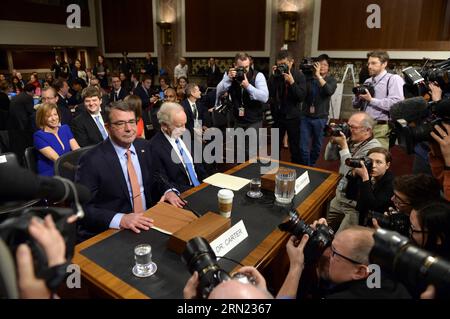 (150204) -- Washington D.C., le 4 février 2015 -- Ashton carter, le candidat du président américain Barack Obama au poste de prochain secrétaire à la Défense, arrive pour une audience de nomination devant le Comité sénatorial des services armés sur Capitole à Washington D.C., aux États-Unis, le 4 février 2015. Carter, s'il est confirmé, sera le quatrième secrétaire à la Défense d'Obama à remplacer Chuck Hagel, qui a annoncé sa démission en novembre dernier. États-Unis-WASHINGTON D.C.-ASHTON CARTER-SECRÉTAIRE À LA DÉFENSE-AUDITION YinxBogu PUBLICATIONxNOTxINxCHN Washington D C fév 4 2015 Ashton carter U S Président Barack Obama S désigné pour être Next sec Banque D'Images