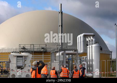 31 août 2023, Mecklembourg-Poméranie occidentale, Güstrow : avant la mise en service officielle de la plus grande usine allemande de production de bio-GNL, l'installation de production de GNL est présentée. La société Envitec prévoit de produire environ 9 600 tonnes de bio-GNL par an ici à l’avenir. Cela suffirait pour que les camions parcourent 50 millions de kilomètres par an. Les matières premières utilisées sont principalement le fumier de poulet et le maïs. Photo : Bernd Wüstneck/dpa Banque D'Images