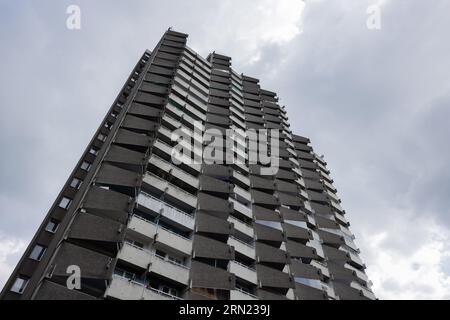 Cologne, Allemagne. 31 août 2023. Vue des gratte-ciel du quartier de Chorweiler. Le ministre fédéral de la Santé Lauterbach (SPD) est attendu ici pour une visite au centre de santé 'dieKümmerei'. L ' établissement est destiné à fournir un accès de bas niveau aux services médicaux et sociaux et à regrouper l ' offre de soins. Crédit : Rolf Vennenbernd/dpa/Alamy Live News Banque D'Images