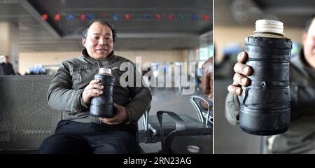 (150205) -- YINCHUAN, 4 février 2015 -- la photo combinée montre un travailleur migrant surnommé Zou tenant une bouilloire en attendant le train à la gare de Yinchuan à Yinchuan, capitale de la région autonome de Ningxia hui au nord-ouest de la Chine, le 4 février 2015 (L) et sa bouilloire qui a été utilisée pendant sept ans (R). La Chine a lancé sa plus grande ruée saisonnière mercredi avec 2,8 milliards de voyages attendus pendant la saison des vacances du nouvel an lunaire de 40 jours. ) (mt) CHINA-SPRING FESTIVAL-TRAVEL RUSH LixRan PUBLICATIONxNOTxINxCHN Yinchuan février 4 2015 photo combinée montre un travailleur immigrant Zou détient un K. Banque D'Images