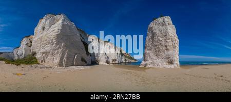 Vue panoramique sur la formation rocheuse Pizzomunno, situé sur la plage de la petite ville de Vieste. Banque D'Images