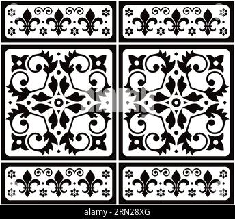 Tuile Azulejo de style Lisbonne vecteur sans couture motif noir et blanc, élégant design décoratif inspiré de l'art du Portugal avec floral et géométrique m Illustration de Vecteur