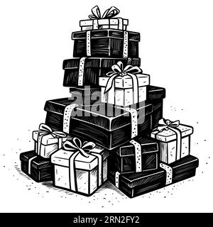 Illustration de style gravure sur bois d'une pile de boîtes cadeaux. Illustration de Vecteur