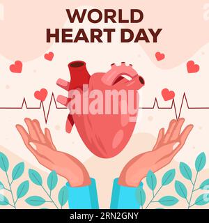 Dessin vectoriel plat illustration de la Journée mondiale du cœur avec organe cardiaque et deux mains Illustration de Vecteur