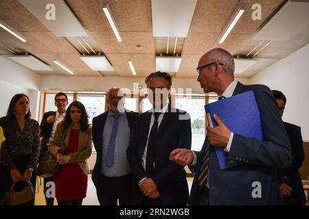 Gennevilliers, France. 31 août 2023. Groupe scolaire Joliot-Curie lors d’une visite à Gennevilliers en périphérie de Paris pour célébrer la rénovation urbaine du quartier des Agnettes le 31 août 2023. Photo de Firas Abdullah/ABACAPRESS.COM crédit : Abaca Press/Alamy Live News Banque D'Images