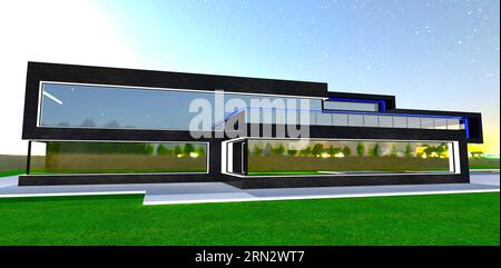 Bright moon light behind the modern suburban property with reflective glass facade at starry night. 3d rendering. Stock Photo