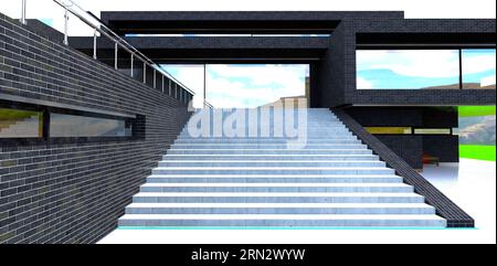 Concrete staircase up to the glass sliding door on the terrace of the newly built country mansion finished with black brick. 3d rendering. Stock Photo