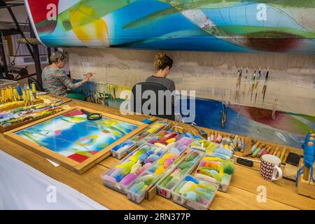 France, Hérault, Lodève, Manufacture de la Savonnerie annexe unique de la fabrique nationale de tapis de la Savonnerie des Gobelins à Paris, réalisation par la météo Odile Berthier sur un métier à tisser d'un tapis jardin d'eau conçu par Stéphane Calais Banque D'Images