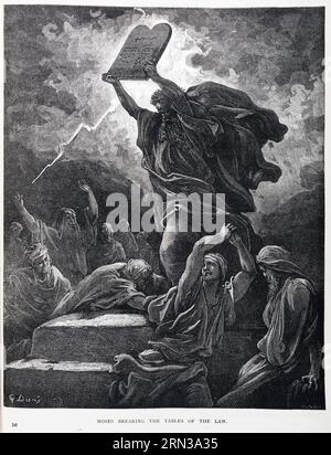 Moïse brise les tables de la Loi, une gravure sur bois de Gustave doré, tirée de sa version illustrée de la Bible du roi Jacques de 1866, publiée pour la première fois en France sous le titre la Grande Bible de Tours Banque D'Images