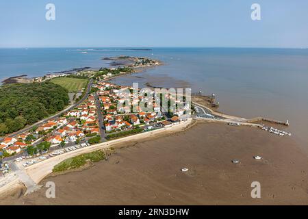 France, Charente Maritime, Fouras, la Pointe de la FUMEE, fort Enet et l’île d’Aix (vue aérienne) Banque D'Images