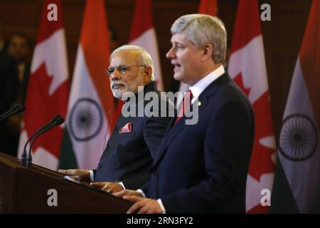 (150415) -- OTTAWA, le 15 avril 2015 -- le premier ministre canadien Stephen Harper(R) et le premier ministre indien Narendra Modi assistent à une conférence de presse conjointe sur la Colline du Parlement, à Ottawa, au Canada, le 15 avril 2015.) CANADA-OTTAWA-PM-MEETING DavidxKawai PUBLICATIONxNOTxINxCHN Ottawa avril 15 2015 les premiers ministres canadiens Stephen Harper et Narendra modes participent à une conférence de presse conjointe SUR la Colline du Parlement à Ottawa Canada LE 15 2015 avril Canada Ottawa PM Meeting PUBLICATIONxNOTxINxCHN Banque D'Images