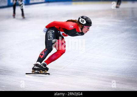 Dresde, Allemagne, le 03 février 2019 : un patineur de vitesse canadien participe à la coupe du monde de patinage de vitesse sur courte piste de l'ISU à Dresde, en Allemagne Banque D'Images